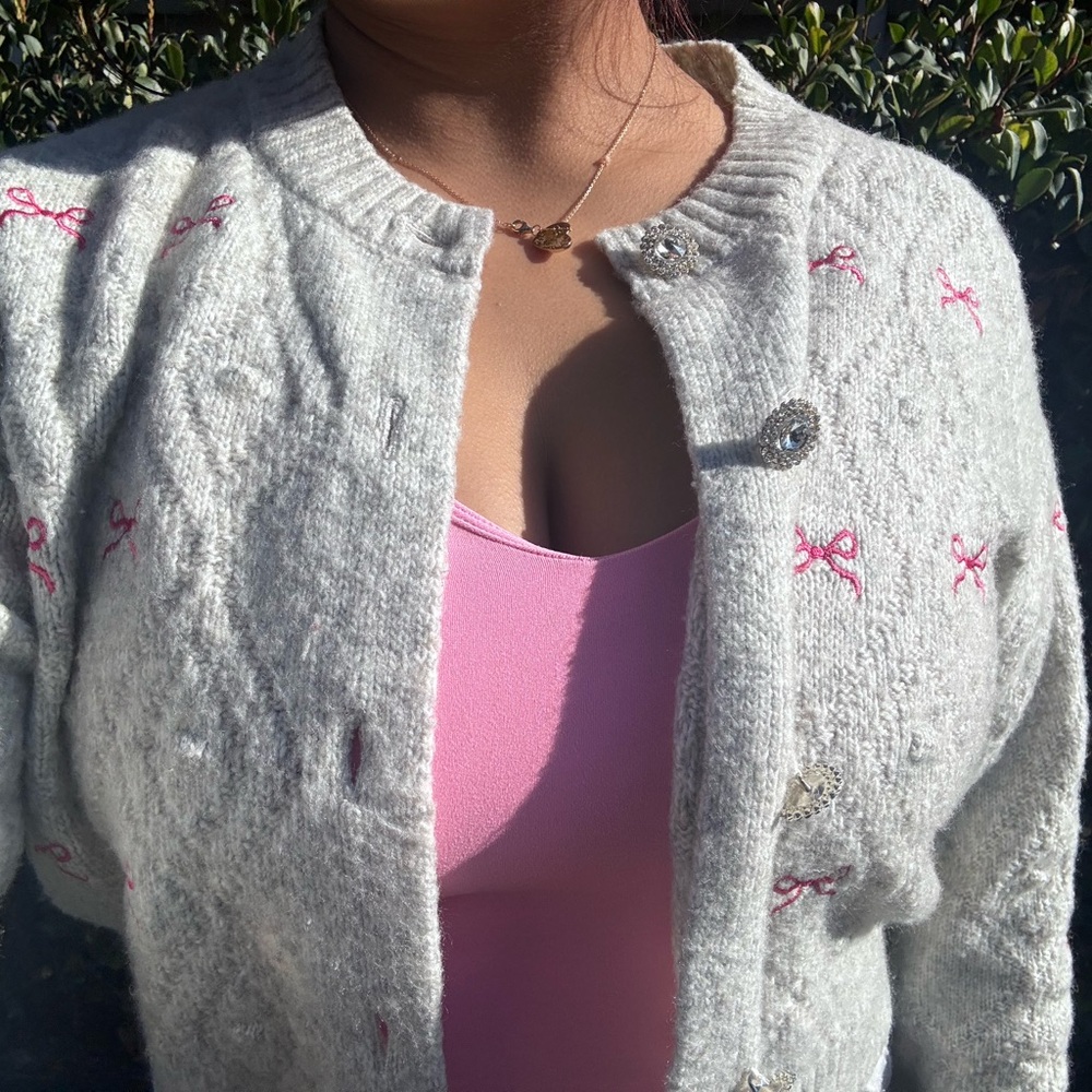 Women's Gray Cardigan Sweater with Pink Accents